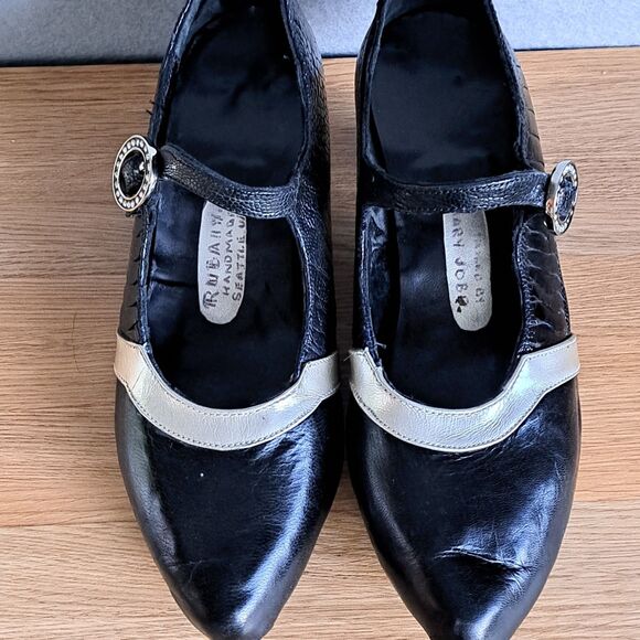 Vintage Handmade Mary Jane Womens 7.5 Black Patent Kitten Heels Rhinestone Retro - Picture 3 of 15